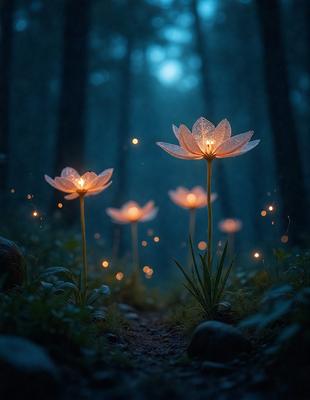 The primary subject of the image is a group of flowers, specifically white lotus flowers, growing in a forest. The setting is a forest path with trees in the background. The visual style is a photo, capturing the beauty of the flowers in their natural environment. The colors and mood of the image are serene and peaceful, with the white lotus flowers glowing in the dark, creating a magical atmosphere.